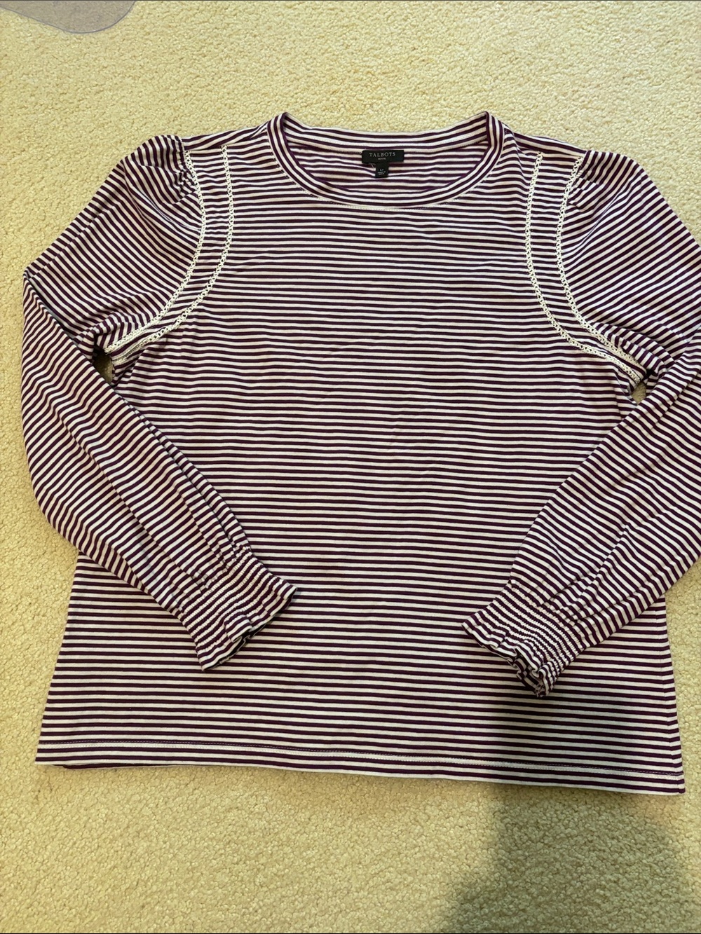 Talbots Burgundy and White Striped Long Sleeve Tee with Lace Trim. 100% cotton